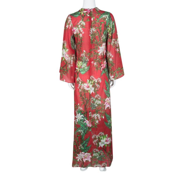 Pre Owned Isabel Marant Etoile Red Floral Printed Cotton Bell Sleeve Detail Wanda Dress M