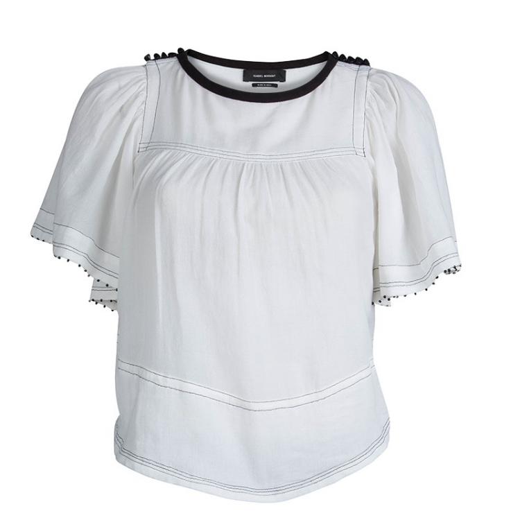 Pre Owned Isabel Marant White Cotton Bead Detail Gathered Top S