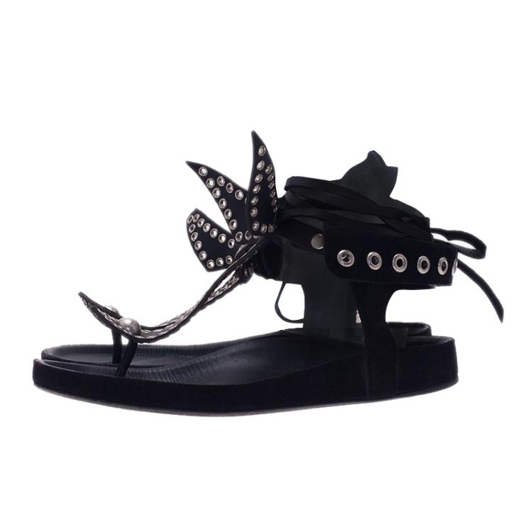 Pre Owned Isabel Marant Black Leather and Suede Edris Bow Tie Sandalsls Size 37