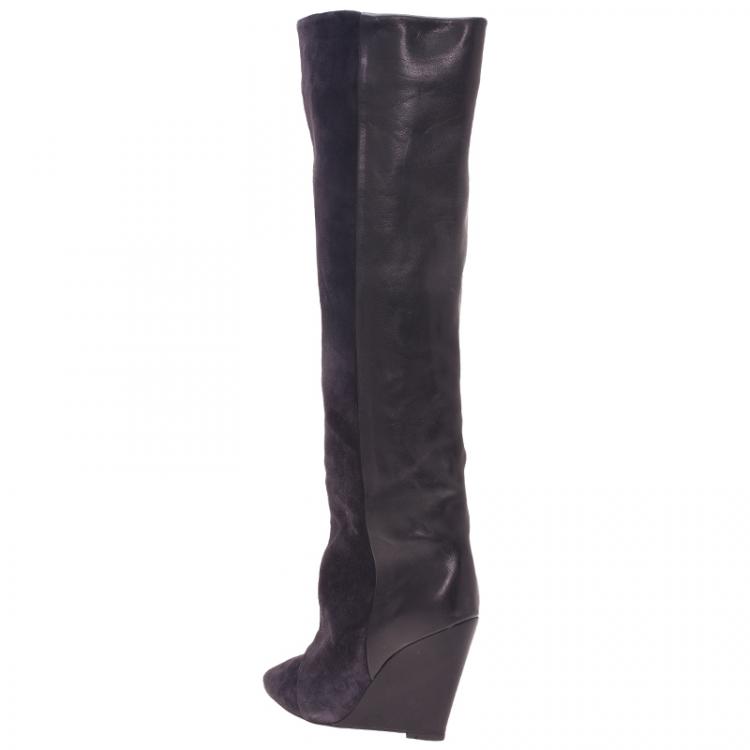 مملوكة مسبقًا Isabel Marant Black Suede and Leather Prescott Wedge Knee Boots Size 38