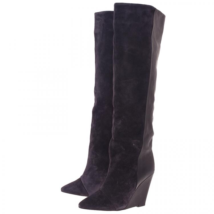 مملوكة مسبقًا Isabel Marant Black Suede and Leather Prescott Wedge Knee Boots Size 38