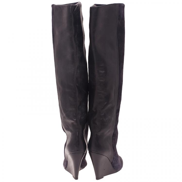 مملوكة مسبقًا Isabel Marant Black Suede and Leather Prescott Wedge Knee Boots Size 38