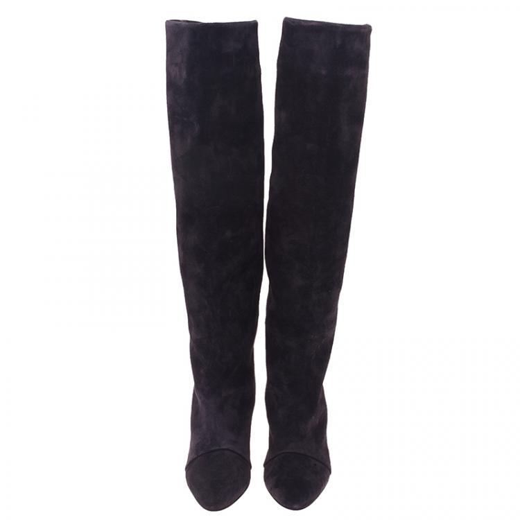 مملوكة مسبقًا Isabel Marant Black Suede and Leather Prescott Wedge Knee Boots Size 38