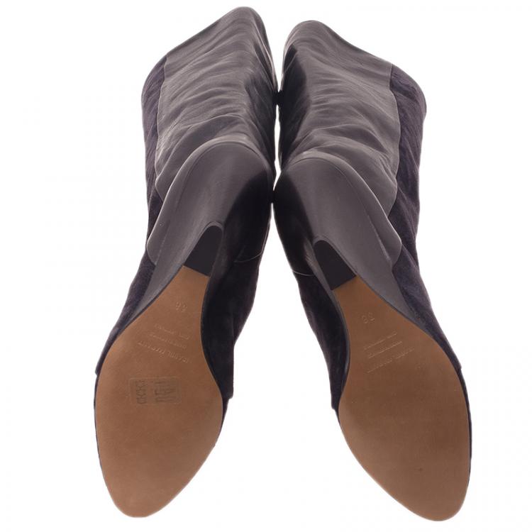 مملوكة مسبقًا Isabel Marant Black Suede and Leather Prescott Wedge Knee Boots Size 38