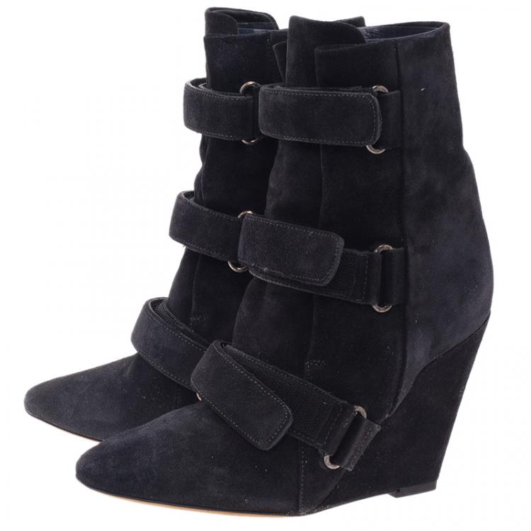 Pre Owned Isabel Marant Black Suede and Leather Scarlet Wedge Boots Size 38