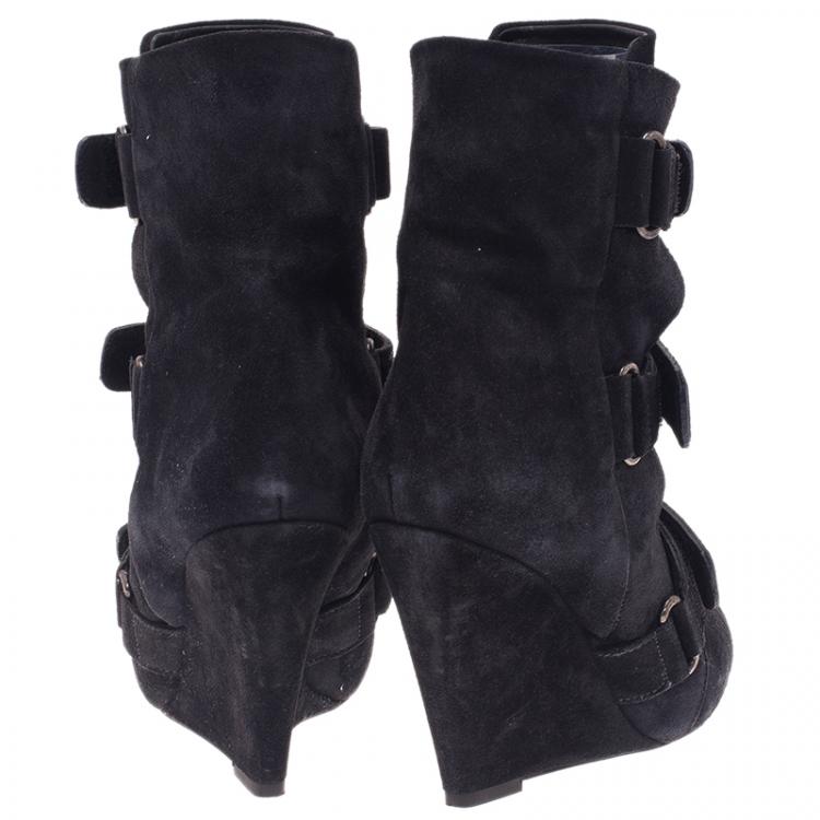 Pre Owned Isabel Marant Black Suede and Leather Scarlet Wedge Boots Size 38