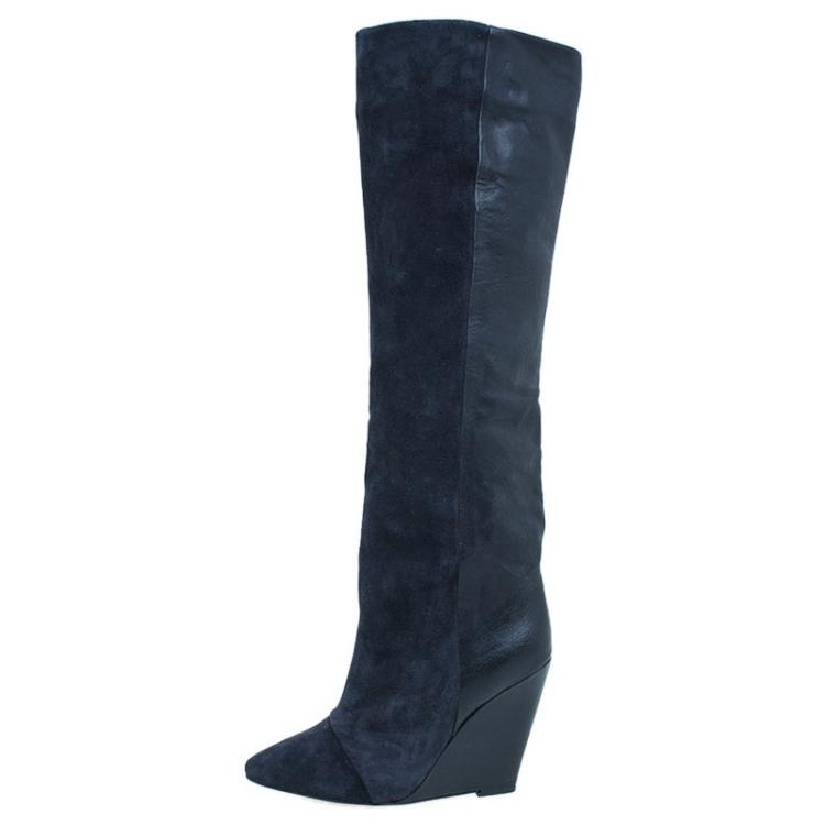 Pre Owned Isabel Marant Black Suede Prescott Wedge Knee Boots Size 38