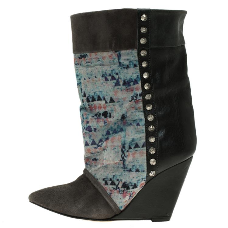 مملوكة مسبقًا Isabel Marant Grey Suede, Leather and Corduroy Kate Wedge Ankle Boots Size 38