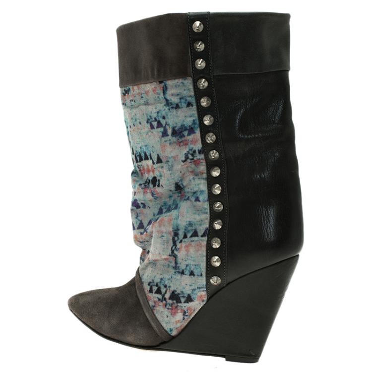 مملوكة مسبقًا Isabel Marant Grey Suede, Leather and Corduroy Kate Wedge Ankle Boots Size 38