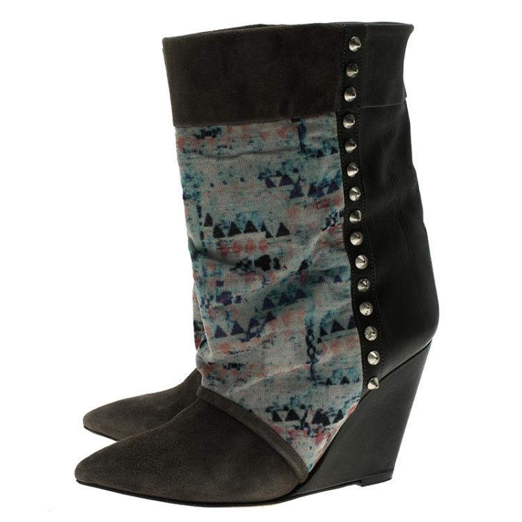 مملوكة مسبقًا Isabel Marant Grey Suede, Leather and Corduroy Kate Wedge Ankle Boots Size 38