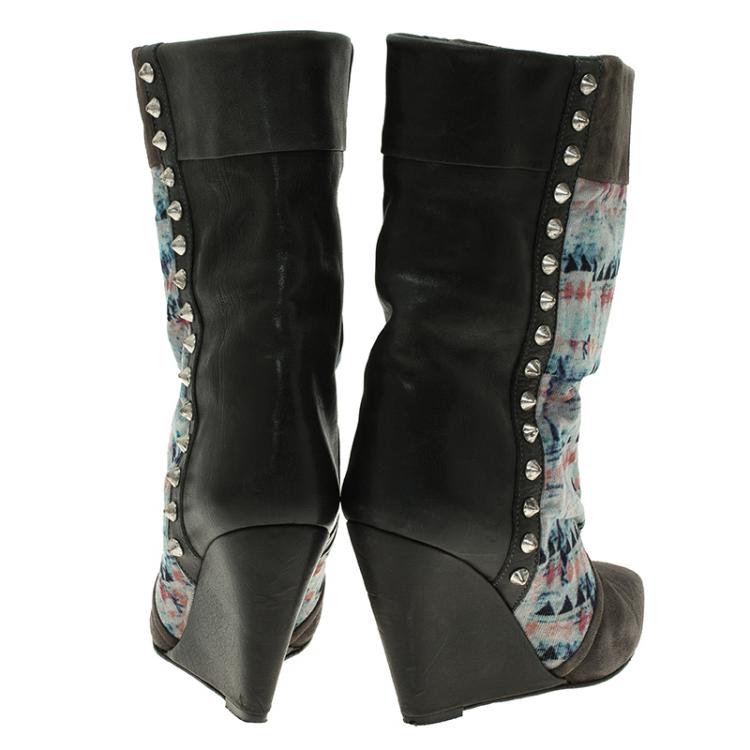 مملوكة مسبقًا Isabel Marant Grey Suede, Leather and Corduroy Kate Wedge Ankle Boots Size 38