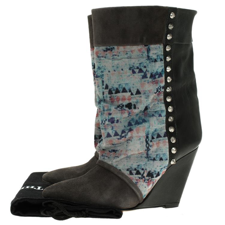 مملوكة مسبقًا Isabel Marant Grey Suede, Leather and Corduroy Kate Wedge Ankle Boots Size 38