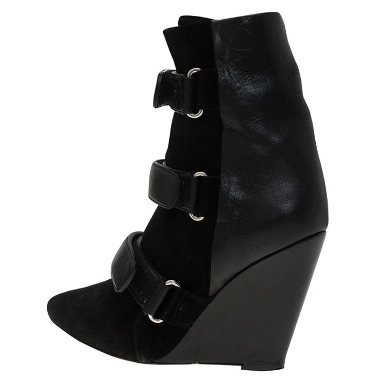 Pre Owned Isabel Marant Black Suede and Leather Scarlet Wedge Boots Size 39