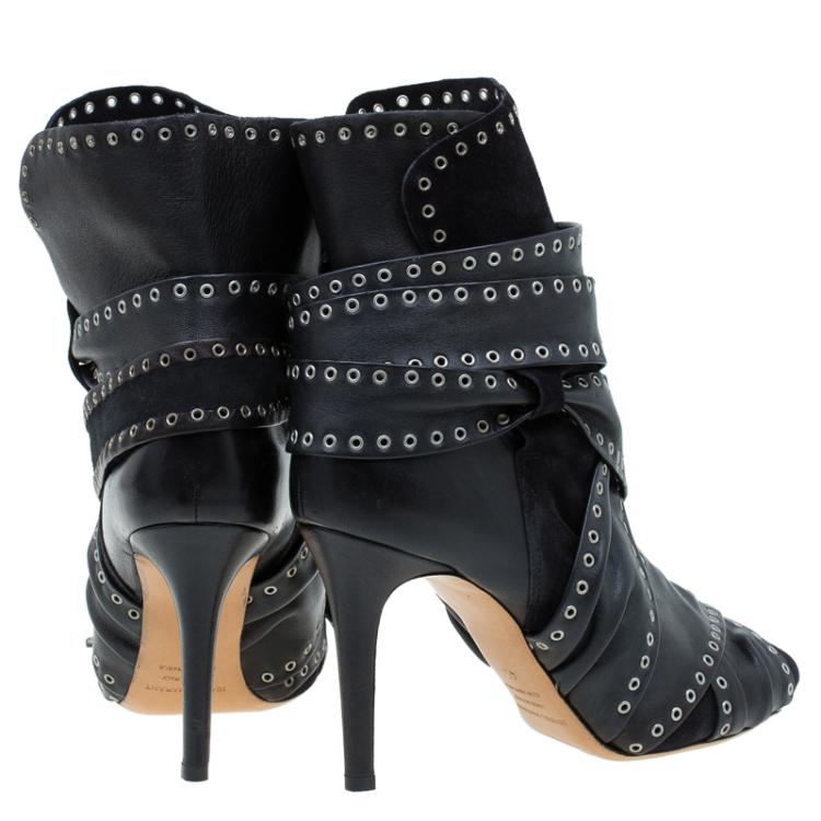 Pre Owned Isabel Marant Black Eyelet Leather and Suede Alease Tie Around Ankle Boots Size 40