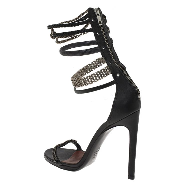 Pre Owned Isabel Marant Black Leather Rio Chain Detail Ankle Strap Sandals Size 37