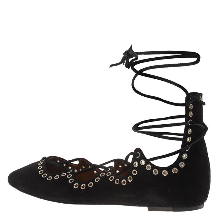 Pre Owned Isabel Marant Black Suede Leo Eyelet Lace-Up Ballet Flats Size 37