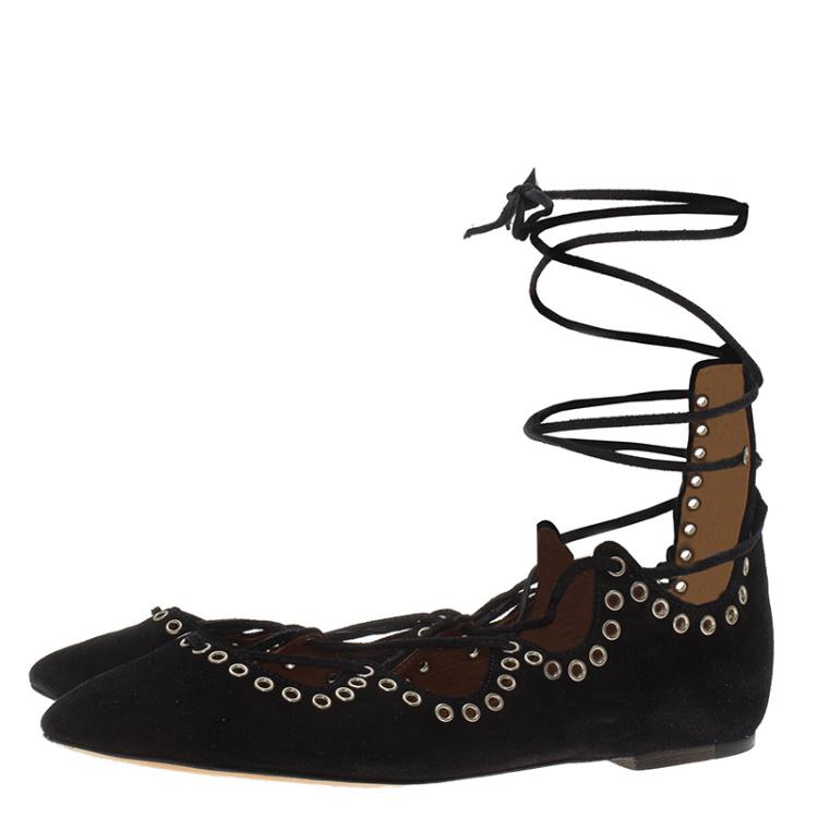 Pre Owned Isabel Marant Black Suede Leo Eyelet Lace-Up Ballet Flats Size 37