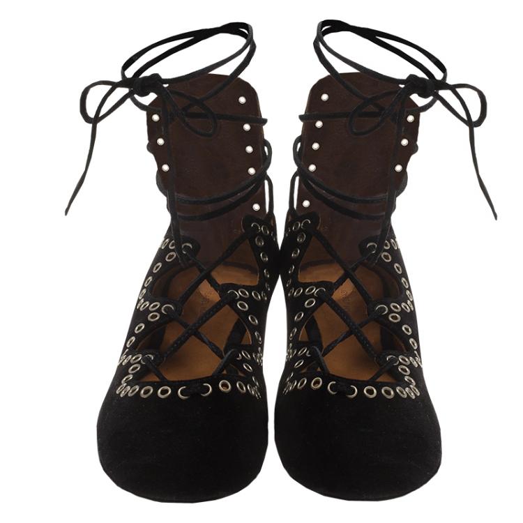Pre Owned Isabel Marant Black Suede Leo Eyelet Lace-Up Ballet Flats Size 37