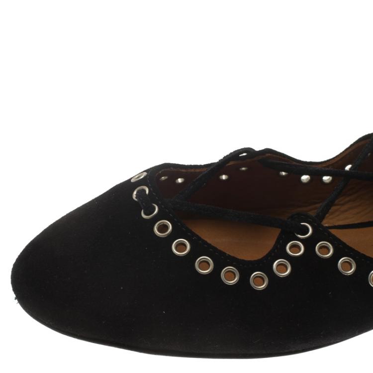 Pre Owned Isabel Marant Black Suede Leo Eyelet Lace-Up Ballet Flats Size 37