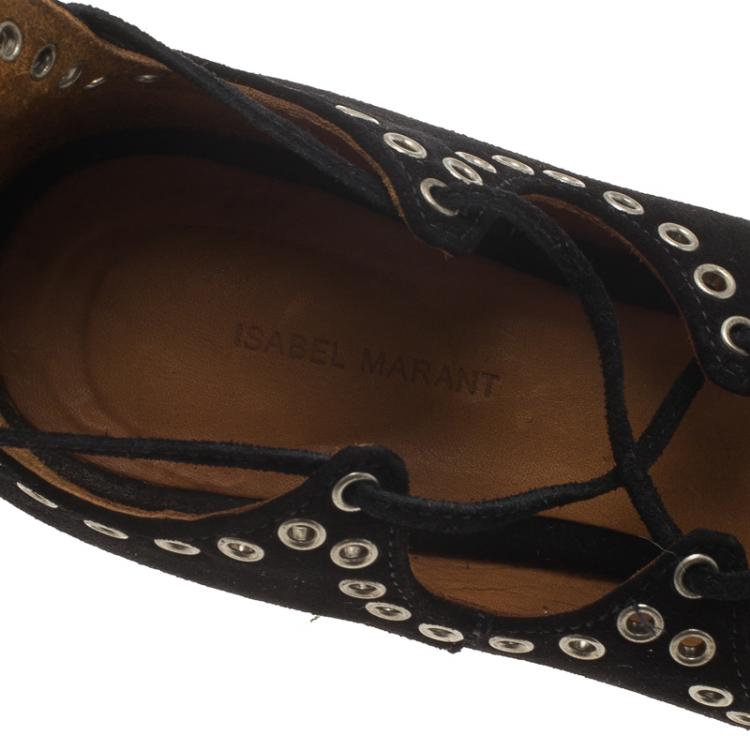 Pre Owned Isabel Marant Black Suede Leo Eyelet Lace-Up Ballet Flats Size 37