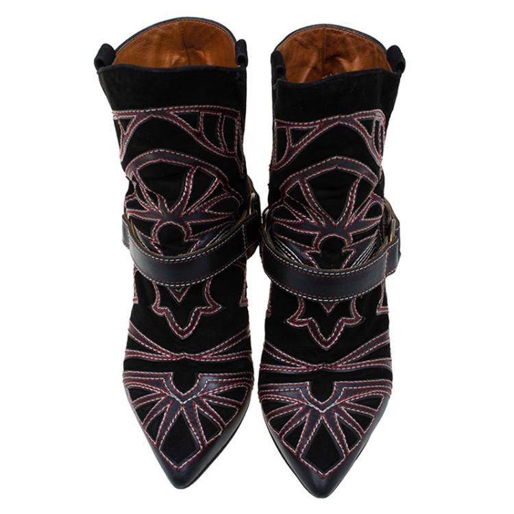 Pre Owned Isabel Marant Black Embroidered Suede and Leather Betty Ankle Boots Size 37