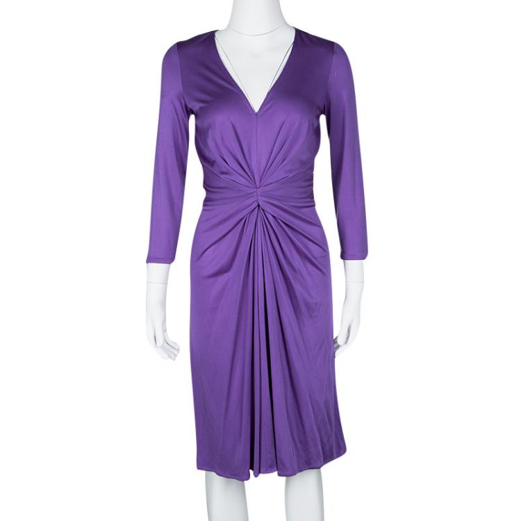 Pre Owned Issa Purple Silk Jersey Gathered Long Sleeve Dress M