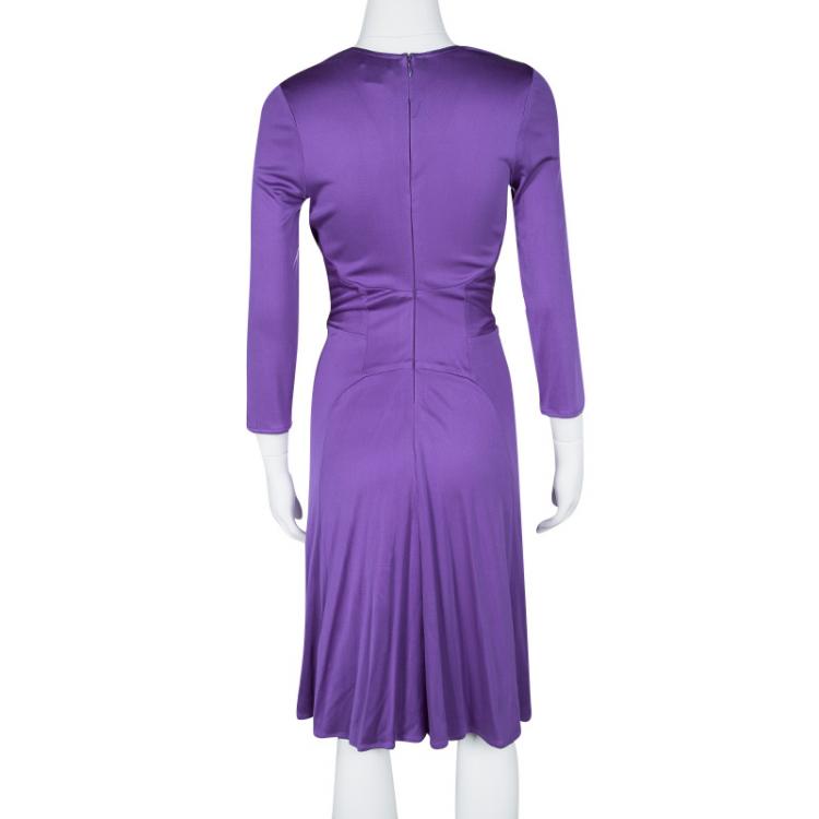 Pre Owned Issa Purple Silk Jersey Gathered Long Sleeve Dress M