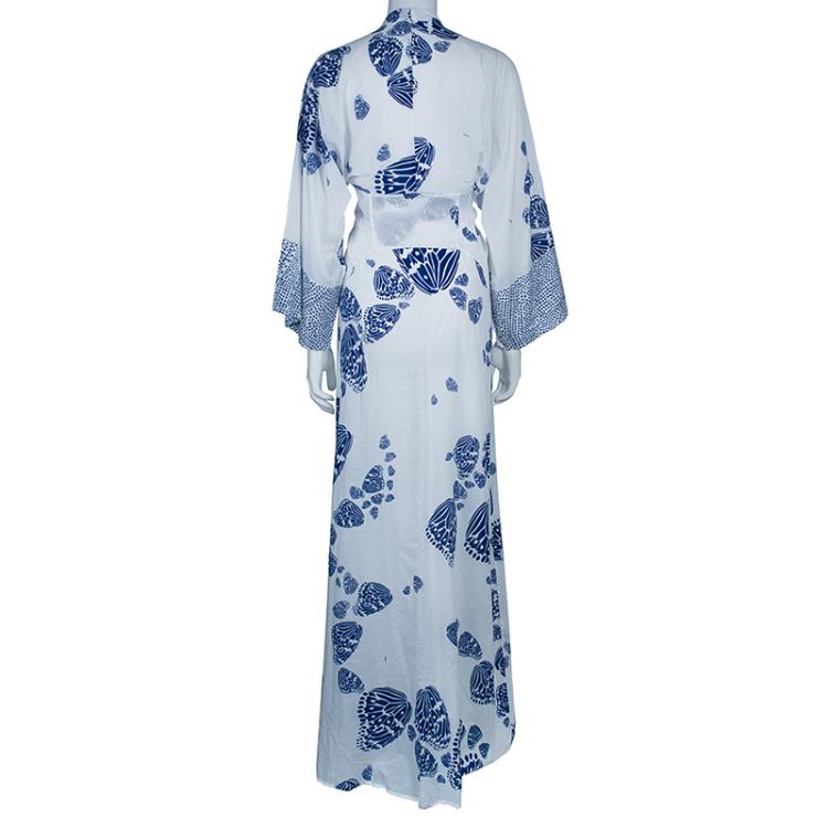 مملوكة مسبقًا Issa Blue and White Cotton Butterfly Maxi Dress S