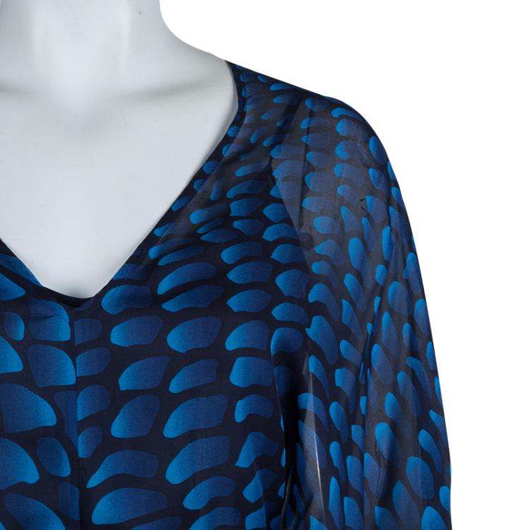 Pre Owned Issa London Blue Printed Silk Belted Kaftan Maxi Dress L