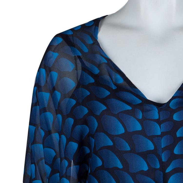 Pre Owned Issa London Blue Printed Silk Belted Kaftan Maxi Dress L