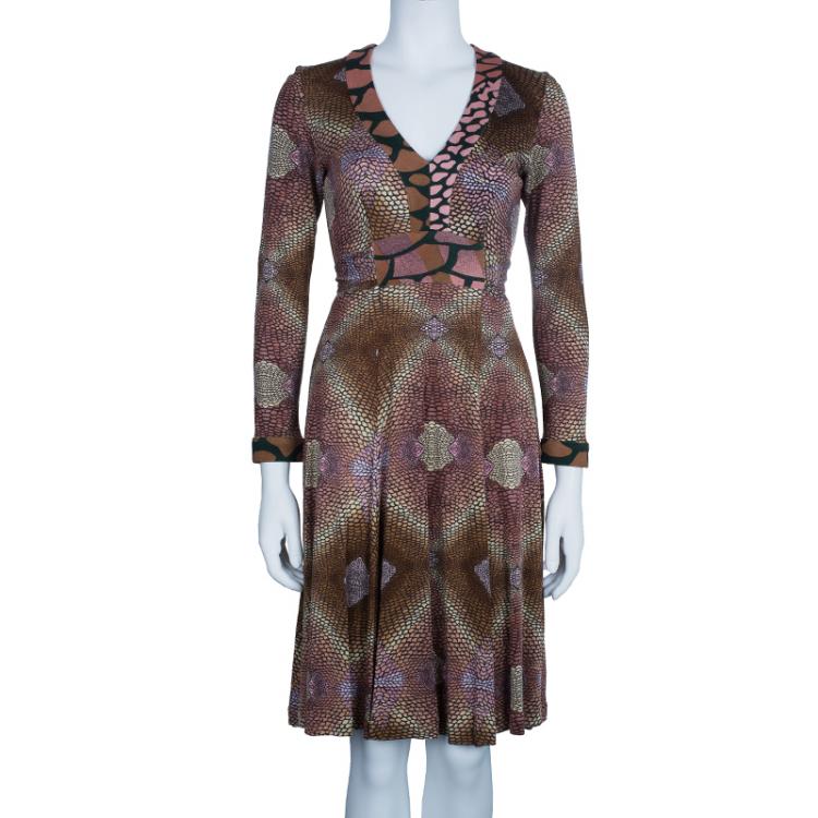 Pre Owned Issa Brown Geometric Long Sleeve Silk Jersey Dress M