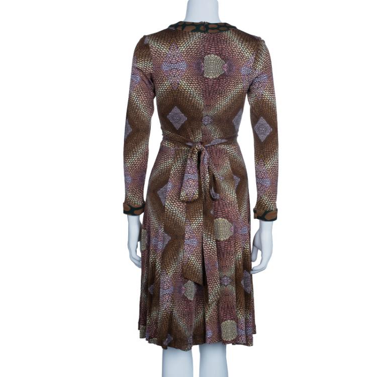 Pre Owned Issa Brown Geometric Long Sleeve Silk Jersey Dress M