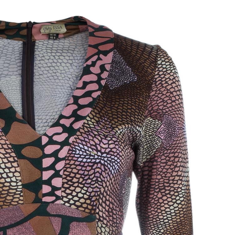 Pre Owned Issa Brown Geometric Long Sleeve Silk Jersey Dress M