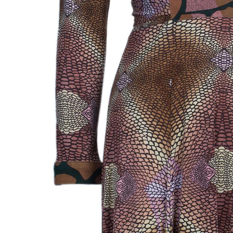 Pre Owned Issa Brown Geometric Long Sleeve Silk Jersey Dress M