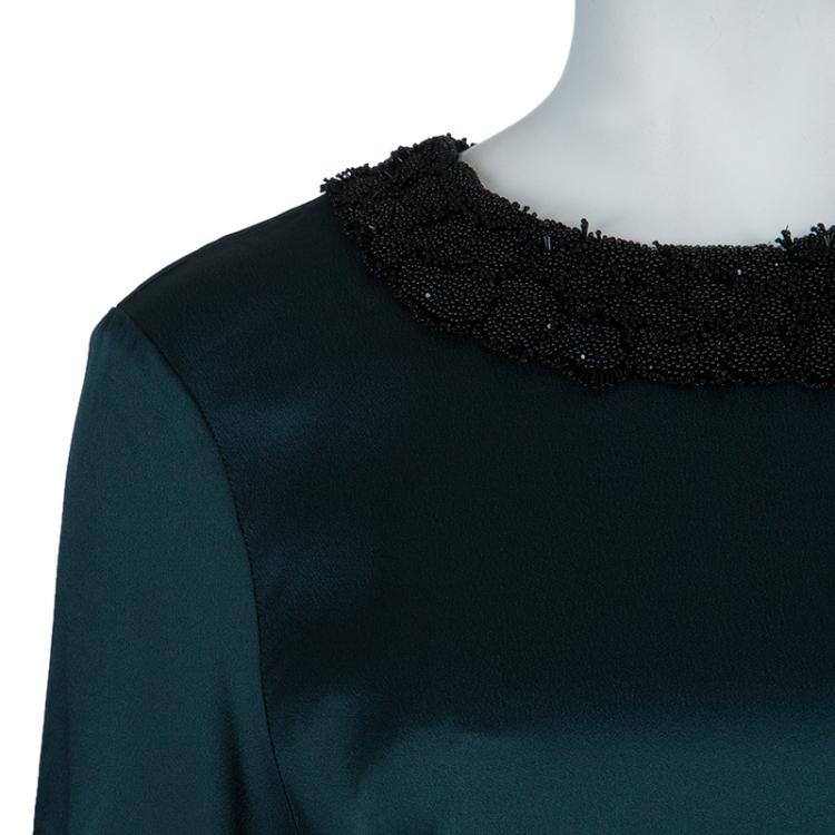 Pre Owned Jason Wu Green Embellished Neck Detail Short Sleeve Blouse M