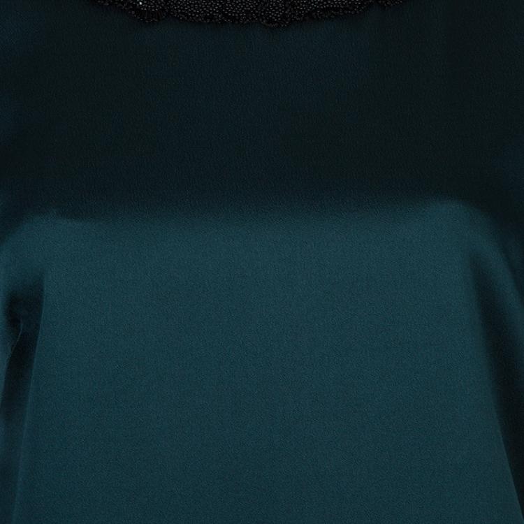 Pre Owned Jason Wu Green Embellished Neck Detail Short Sleeve Blouse M