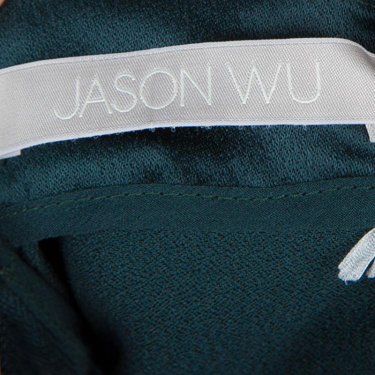 Pre Owned Jason Wu Green Embellished Neck Detail Short Sleeve Blouse M