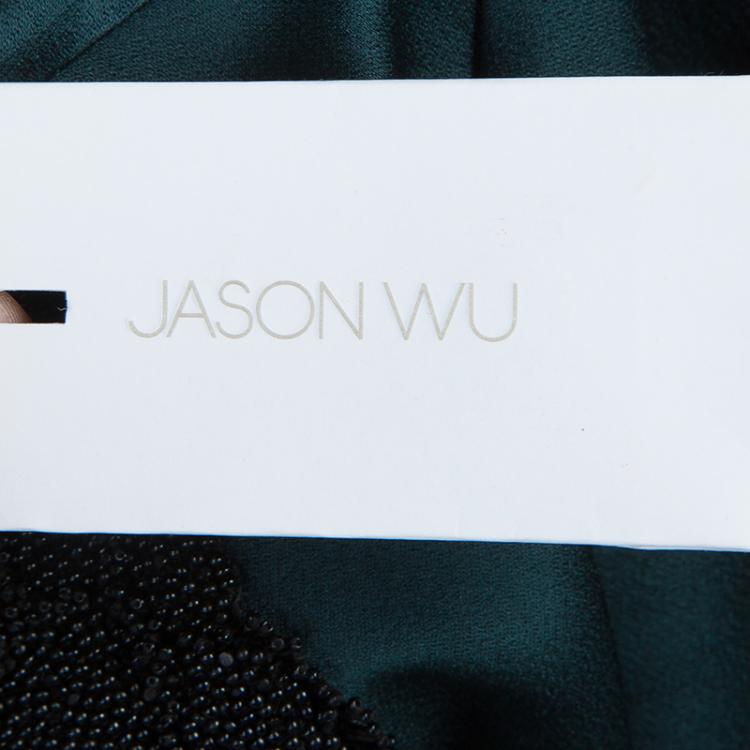 Pre Owned Jason Wu Green Embellished Neck Detail Short Sleeve Blouse M