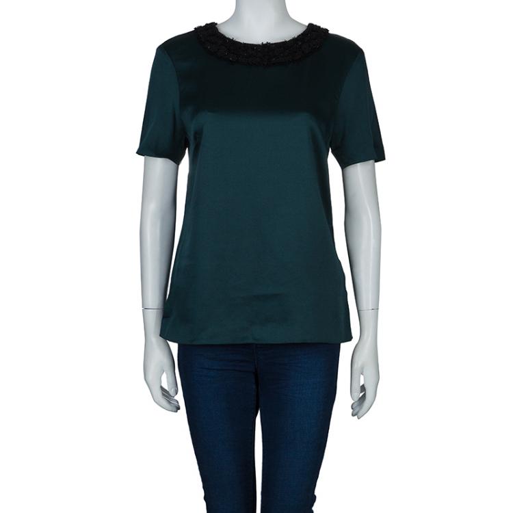 Pre Owned Jason Wu Green Embellished Neck Detail Short Sleeve Blouse S