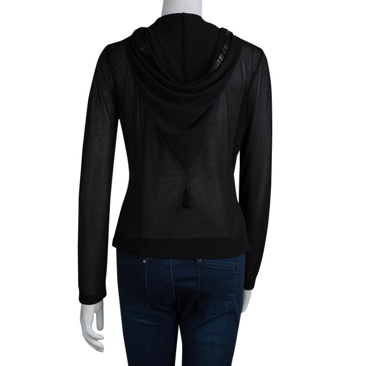 Pre Owned Jean Paul Gaultier Black Knit Applique Detail Hooded Sheer Cardigan M