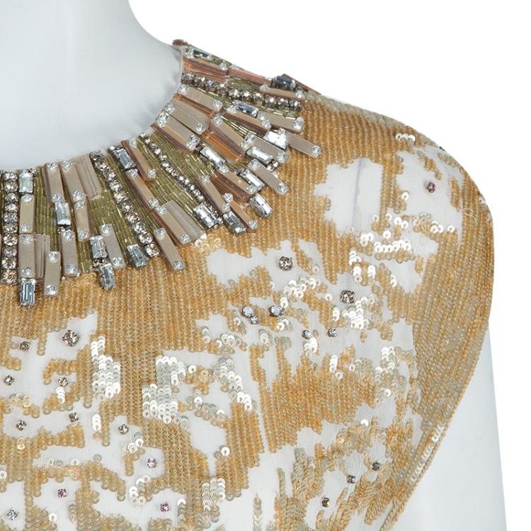 Pre Owned Jenny Packham Gold Sequin Embellished Sleeveless Gown M