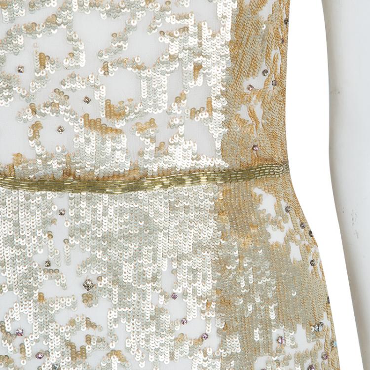 Pre Owned Jenny Packham Gold Sequin Embellished Sleeveless Gown M