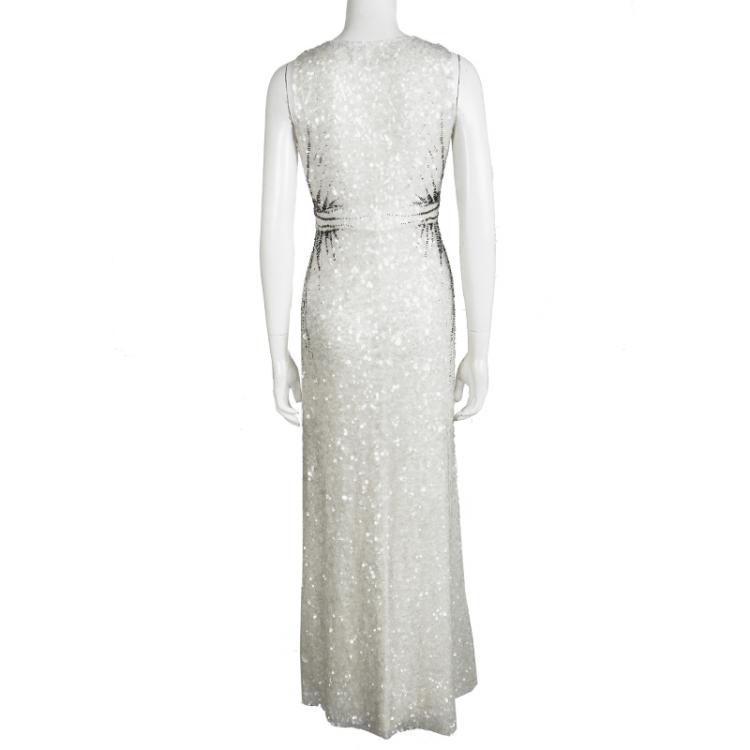 Pre Owned Jenny Packham Off White Sequin Embellished Beaded Sleeveless Gown M