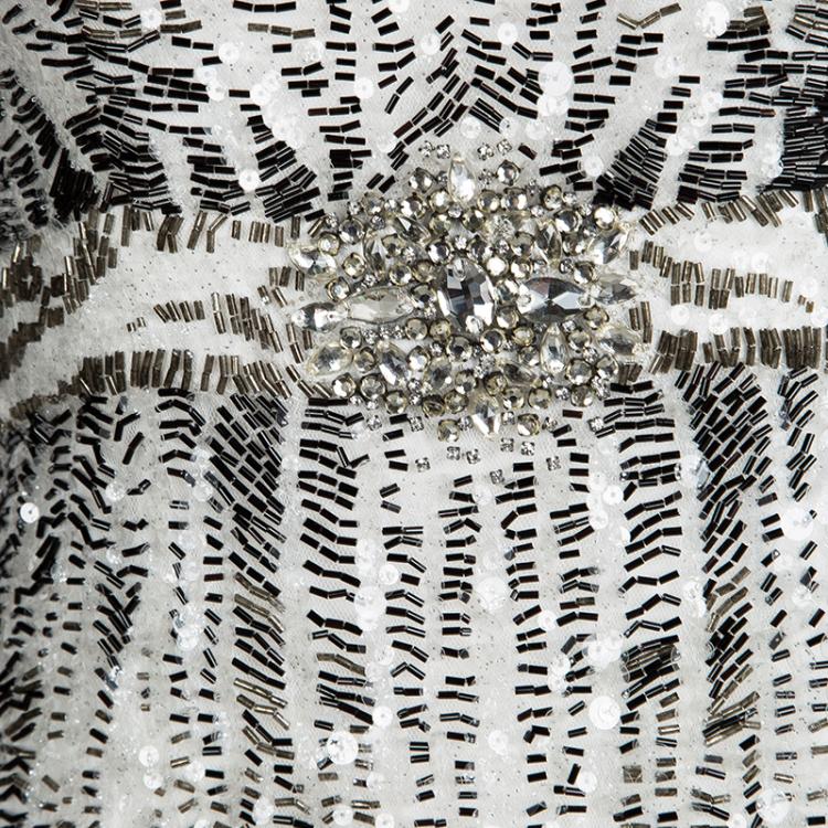 Pre Owned Jenny Packham Off White Sequin Embellished Beaded Sleeveless Gown M