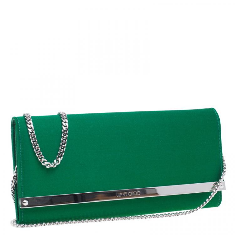Pre Owned Jimmy Choo Green Satin Milla Chain Clutch
