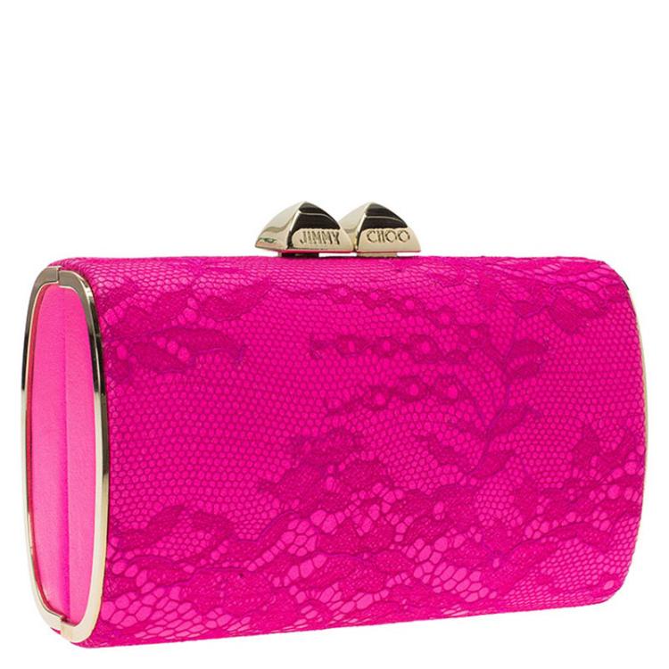 Pre Owned Jimmy Choo Pink Lace and Leather Mini Charm Clutch