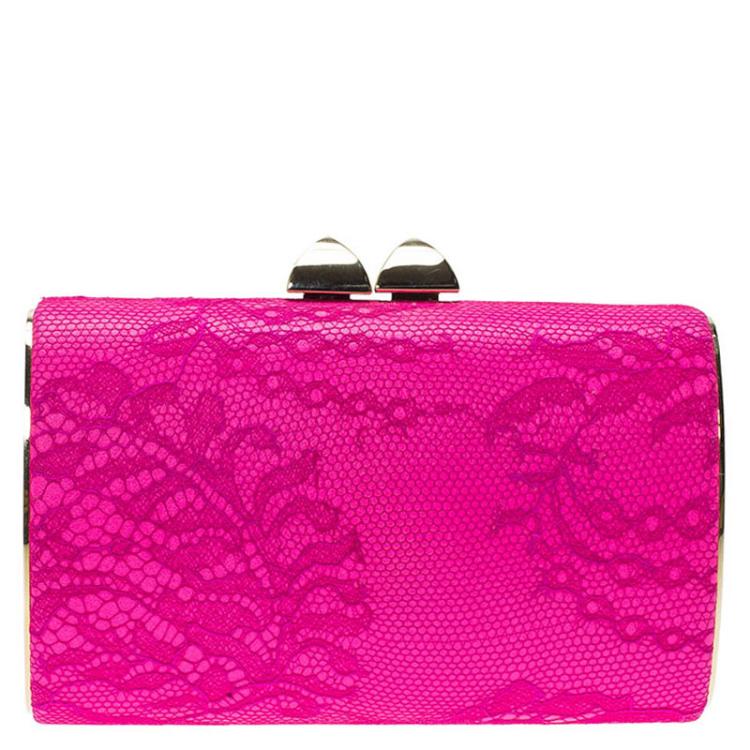 Pre Owned Jimmy Choo Pink Lace and Leather Mini Charm Clutch