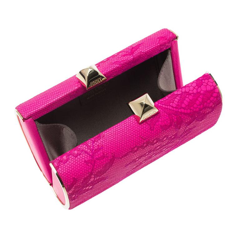 Pre Owned Jimmy Choo Pink Lace and Leather Mini Charm Clutch