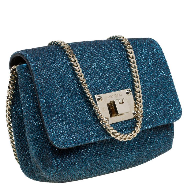مملوكة مسبقًا Jimmy Choo Dark Blue Lame Glitter Ruby Chain Clutch