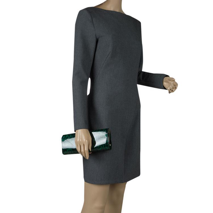مملوكة مسبقًا Jimmy Choo Green/Black Leopard Print Patent Leather Twill Tube Clutch